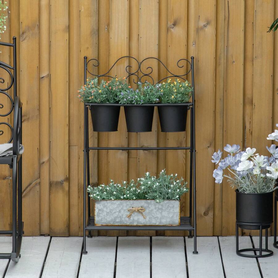 Giá đỡ cây bằng kim loại gấp, Bộ chậu cây có kệ cho nhà và vườn, 47x37x78,5cm, màu đen - màu đen - Xem 1