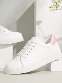 Comfyshoes Women's Fashion Lace Up Comfortable Casual Tennis Sneakers - trắng hồng - Xem 2