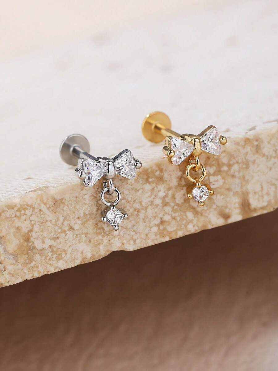 1pc Fashionable & Simple Bowknot & Rhinestone Decor Titanium Steel Stud Earrings Suitable For Daily Wear By Women Valentines,Mom,Mother,Mother's Day,Gift - Bow Tie - View 1
