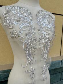 1 Pair Sequin Flower Tassel Wedding Gown Appliques Lace Fabric Embroidered Patches Trims Collar Mesh Sew Patch For Dress DIY Decor Crafts - Silver - View 4