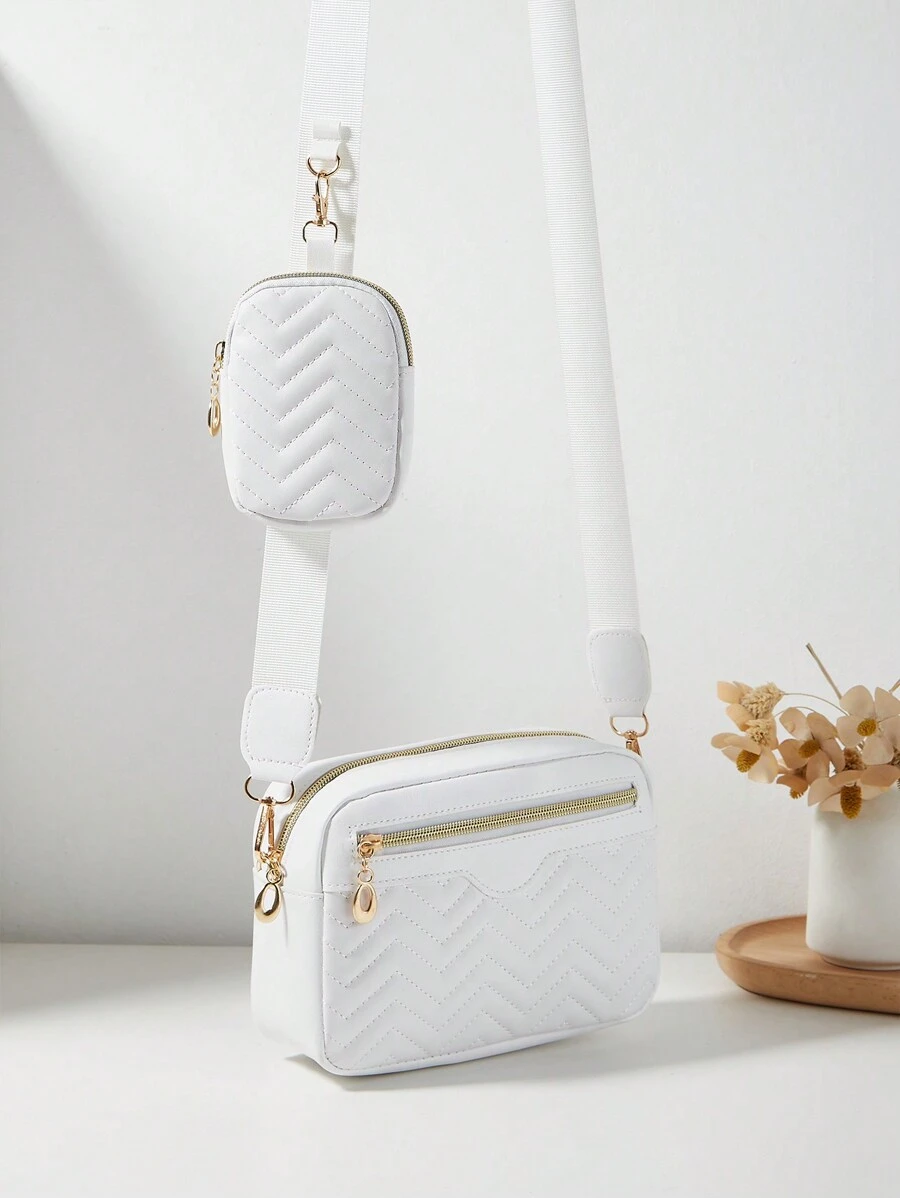 Women Small Square Shoulder Sling Bag Quilted Crossbody Wallet Pouch - White - View 1