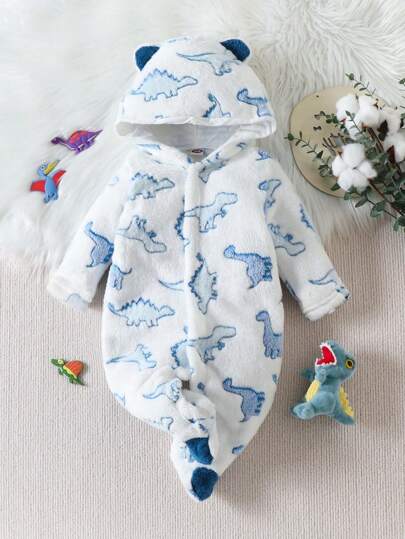 1件新生儿动物印花3D耳朵连帽连体衣，男童款，睡衣