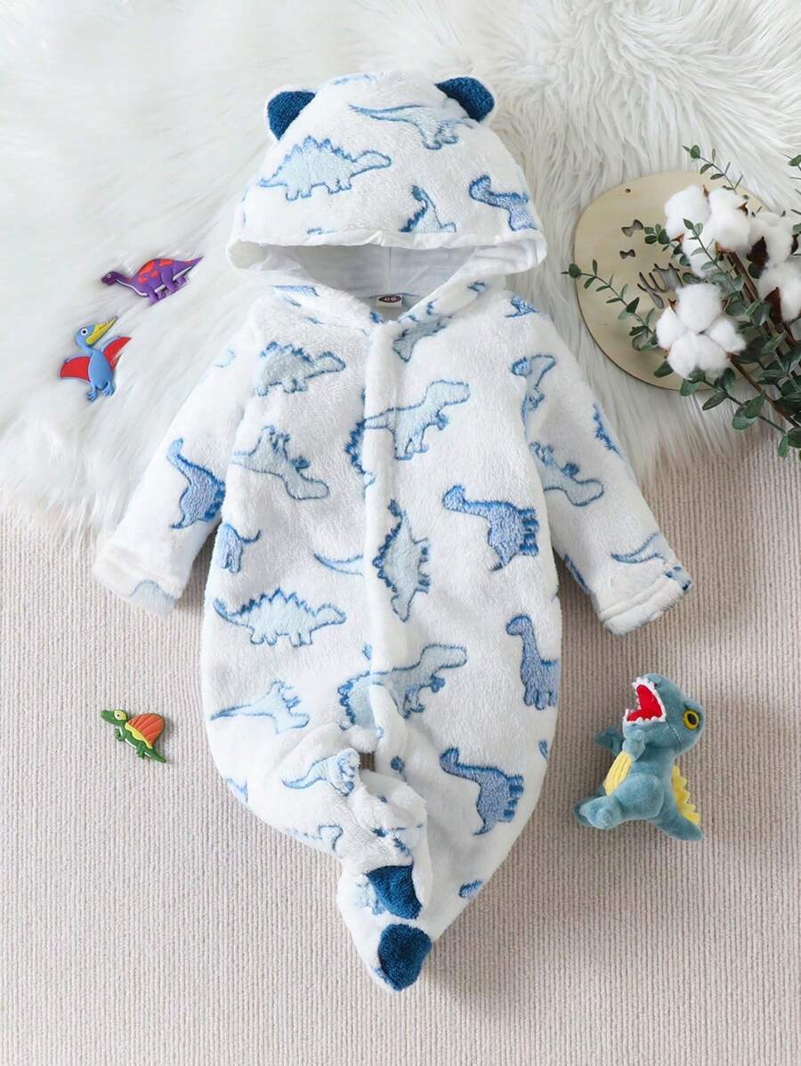 1pc Newborn Baby Animal Print 3D Ears Hooded Jumpsuit For Boys, Sleepwear