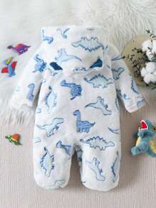 1pc Newborn Baby Animal Print 3D Ears Hooded Jumpsuit For Boys, Sleepwear - White - View 3