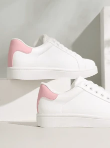 Comfyshoes Women's Fashion Lace Up Comfortable Casual Tennis Sneakers - trắng hồng - Xem 3