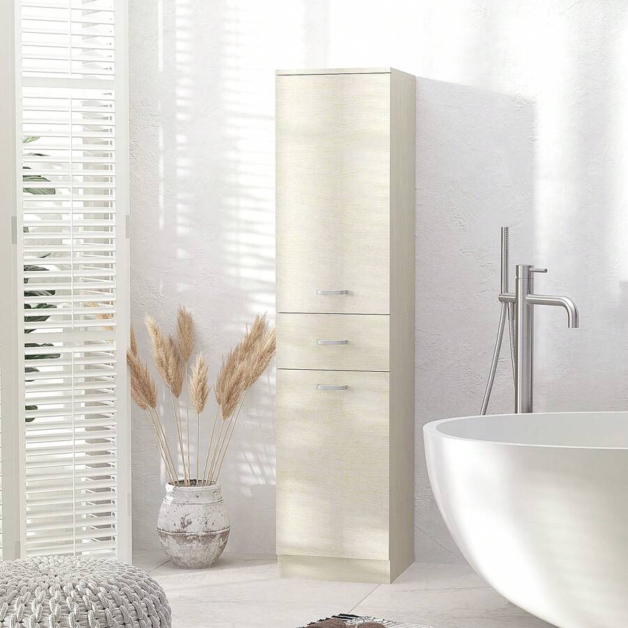 HOMCOM Mobile Bagno in Legno con 2 Armadietti, Cassetto Centrale e Ripiani Regolabili, 34x34x150cm, Color Legno