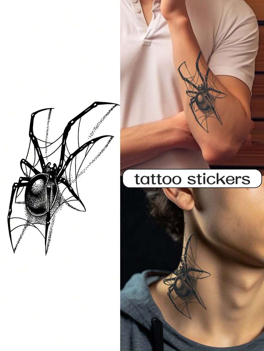 1片蜘蛛紋身貼紙,防水和長效性適用於男孩子的手臂和脖子 - 黑色 - 查看 1