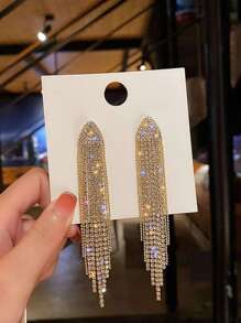 2pcs Full Rhinestone Detail Women's Earrings - Fashionable Long Fringed Drop Earrings - Gold - View 8
