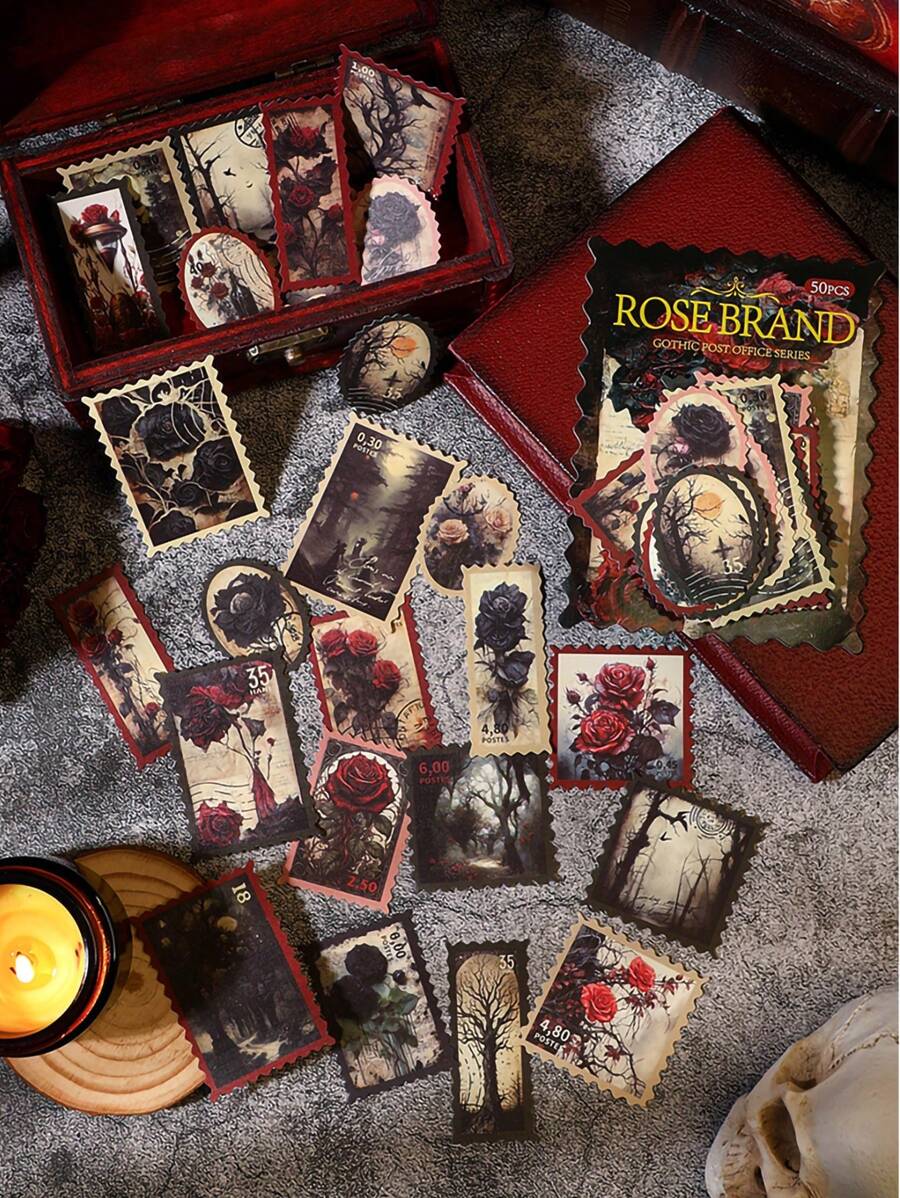50张美式复古哥特风手绘贴纸，DIY装饰拼贴工艺品材料，节日礼物，个性化剪贴簿创意贴纸，返校季剪贴簿用品，趣味贴纸，笔记本电脑贴纸，Kindle手机贴纸 - 紅色 - 查看 1