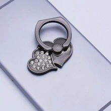 一件式鑽石心形雙愛心金屬環扣,背貼手機座落通用環扣手機支架 - 黑色 - 查看 1