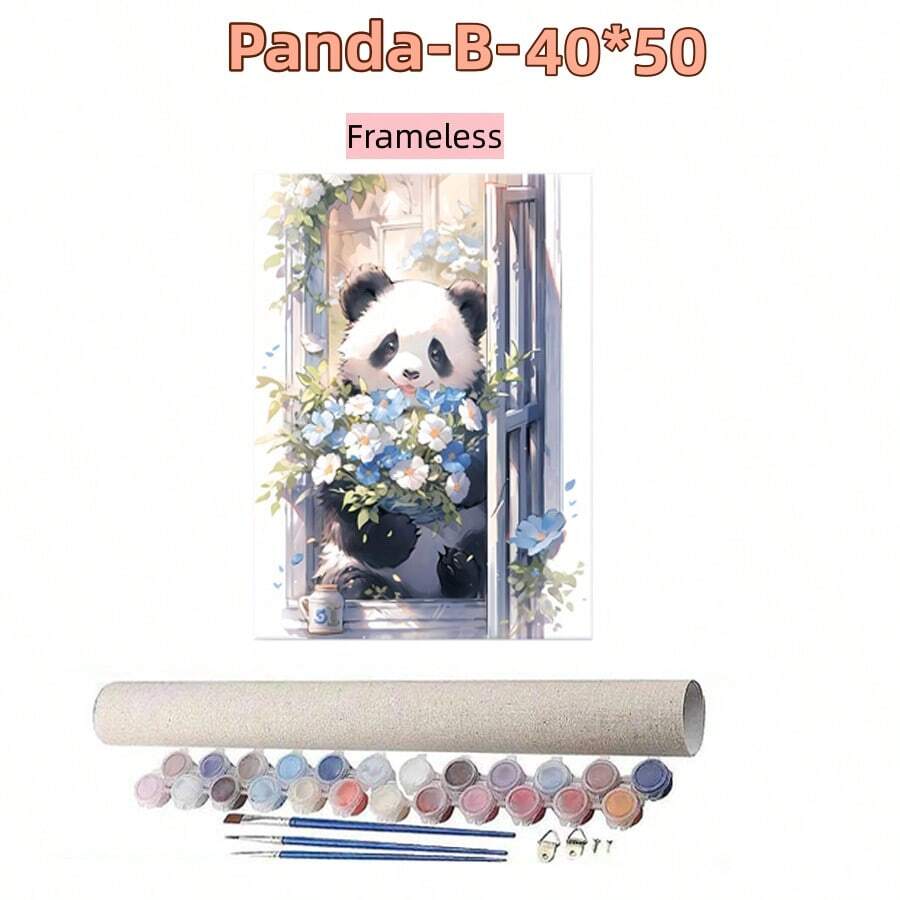 1套塗色按號套件,按號塗色動物初學者,diy按號塗色熊貓和花朵,不帶畫架家居裝飾,15.74×19.68英寸 - 無框-B - 查看 1