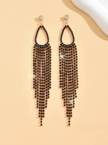2pcs Full Rhinestone Detail Women's Earrings - Fashionable Long Fringed Drop Earrings - Gold - View 9
