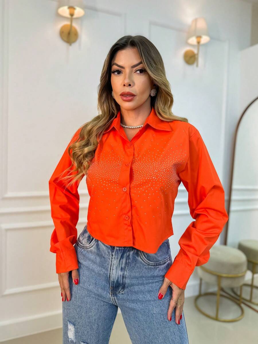 Camisa manga longa com strass na frente strass Pedraria  Estrela com Botão  Boiadeira/ML2526 - Laranja - Visão 1