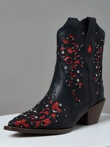 Rhinestone Women's Ankle Cowboy Boots Sparkly Pointed Toe Low Chunky Heel Vintage Short Cowgirl Shoes - 紅色 - 查看 1