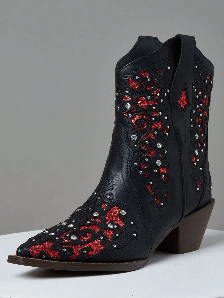 Rhinestone Women's Ankle Cowboy Boots Sparkly Pointed Toe Low Chunky Heel Vintage Short Cowgirl Shoes - 紅色 - 查看 1