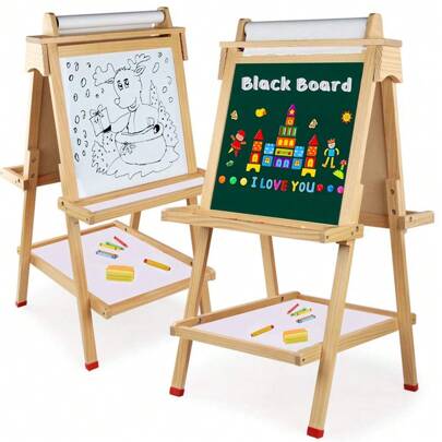 Kids Easel With Paper Roll Double Sided Chalkboard Whiteboard Toddler Wooden Painting Art Standing Easel Height Adjustable With Storage Tray Letters Numbers And Other Accessories