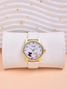 1pc Student Cartoon Animal Puppy Watch For Boys And Girls, With Pu Leather Strap And Quartz Movement - White - View 2