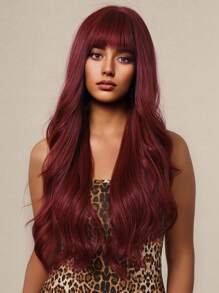 Wine Red Long Wavy Wig With Bangs Natural Looking  Heat Resistant Synthetic Wig For Daily Wear, Parties, And Cosplay - Burgundy - View 1