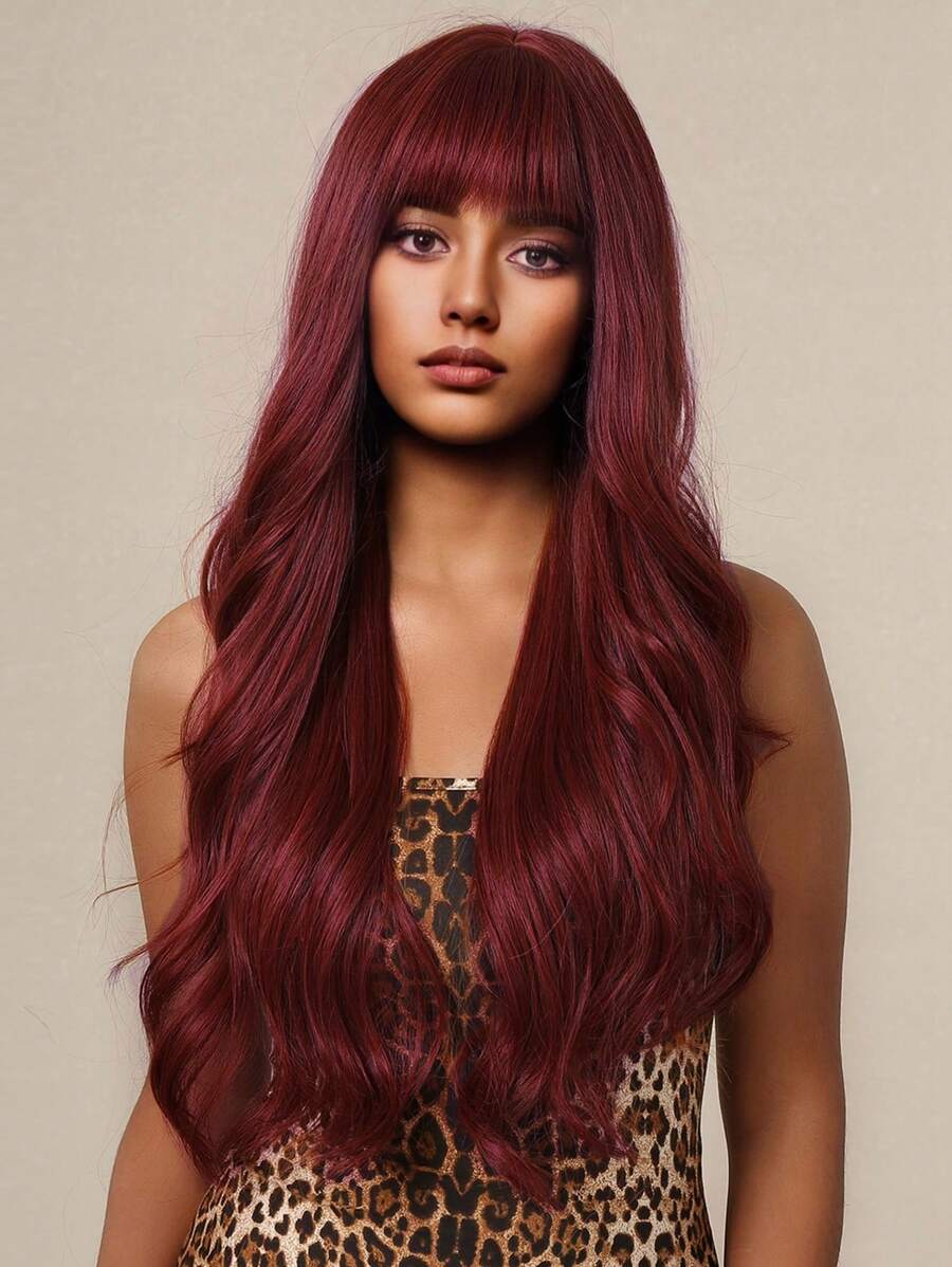 Wine Red Long Wavy Wig With Bangs Natural Looking  Heat Resistant Synthetic Wig For Daily Wear, Parties, And Cosplay - Burgundy - View 1