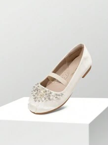 Girls Mary Jane Ballerina Flat Dress Shoes Flat Pearl Shoes - 米色 - 查看 1