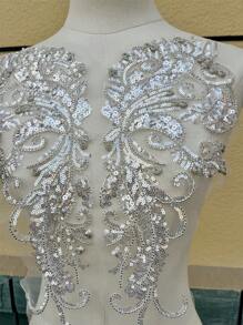 1 Pair Sequin Flower Tassel Wedding Gown Appliques Lace Fabric Embroidered Patches Trims Collar Mesh Sew Patch For Dress DIY Decor Crafts - Silver - View 3