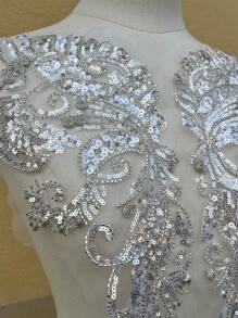 1 Pair Sequin Flower Tassel Wedding Gown Appliques Lace Fabric Embroidered Patches Trims Collar Mesh Sew Patch For Dress DIY Decor Crafts - Silver - View 5