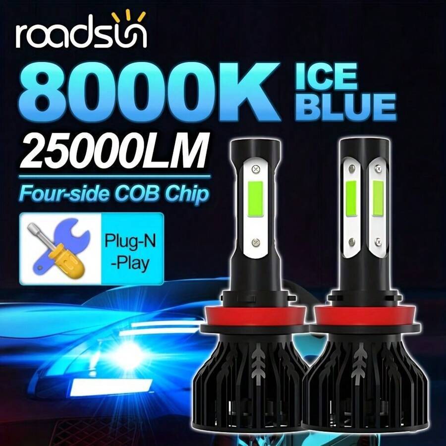 roadsun 2入組9005 9006 H4 H11 H7 Led頭燈燈泡高/低光束h13 H4 9003 Hb2,亮度25000lm,色溫8000k,冰藍色,4面超亮cob晶片,ip68防水,亮度提升600％,航空鋁外殼,內置高速雙渦輪冷卻風扇 - 黑色 - 查看 1