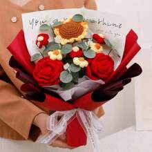 1 buchet de fire de floarea soarelui lucrat manual, buchet de flori tricotate cadou pentru prieteni, ziua de nastere, fete