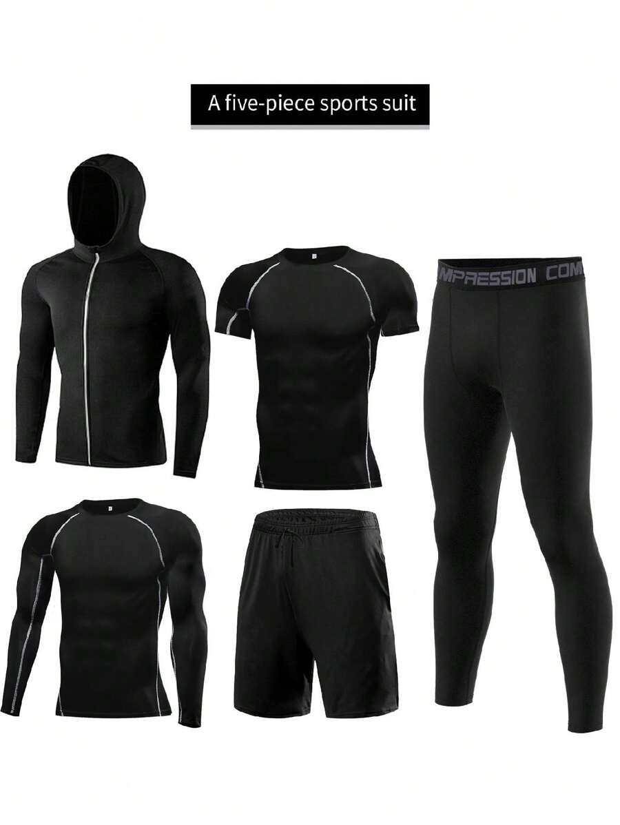 5pcs/Set Men's Fitness Sportswear Set, Spring Workout Running Basketball Tight Fitting Activewear
