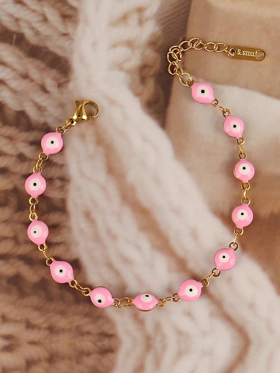 不锈钢珐琅土耳其邪眼手链，彩色邪眼吊坠手链，女士珠宝礼品 - 粉色 - 查看 1