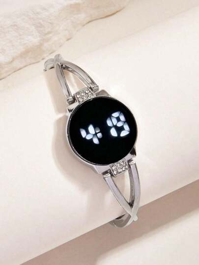 1 件男女通用时尚 LED 运动电子手表，配银色圆形钢表带，可作为返校学生的礼物