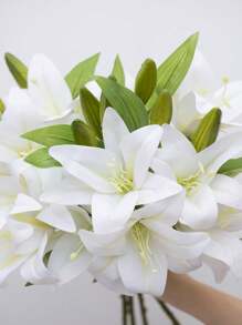 1pc Plastic Simulated Flowers 3 Blooms 2 Fruits Lily, Simple Lily Flower Suitable For Flower Arrangement, Floral Decor, Indoor Vase, Garden, Window Sill, Wedding, Party, Graduation, Thanksgiving, Father's Day, 23.22 Inches - White - View 8