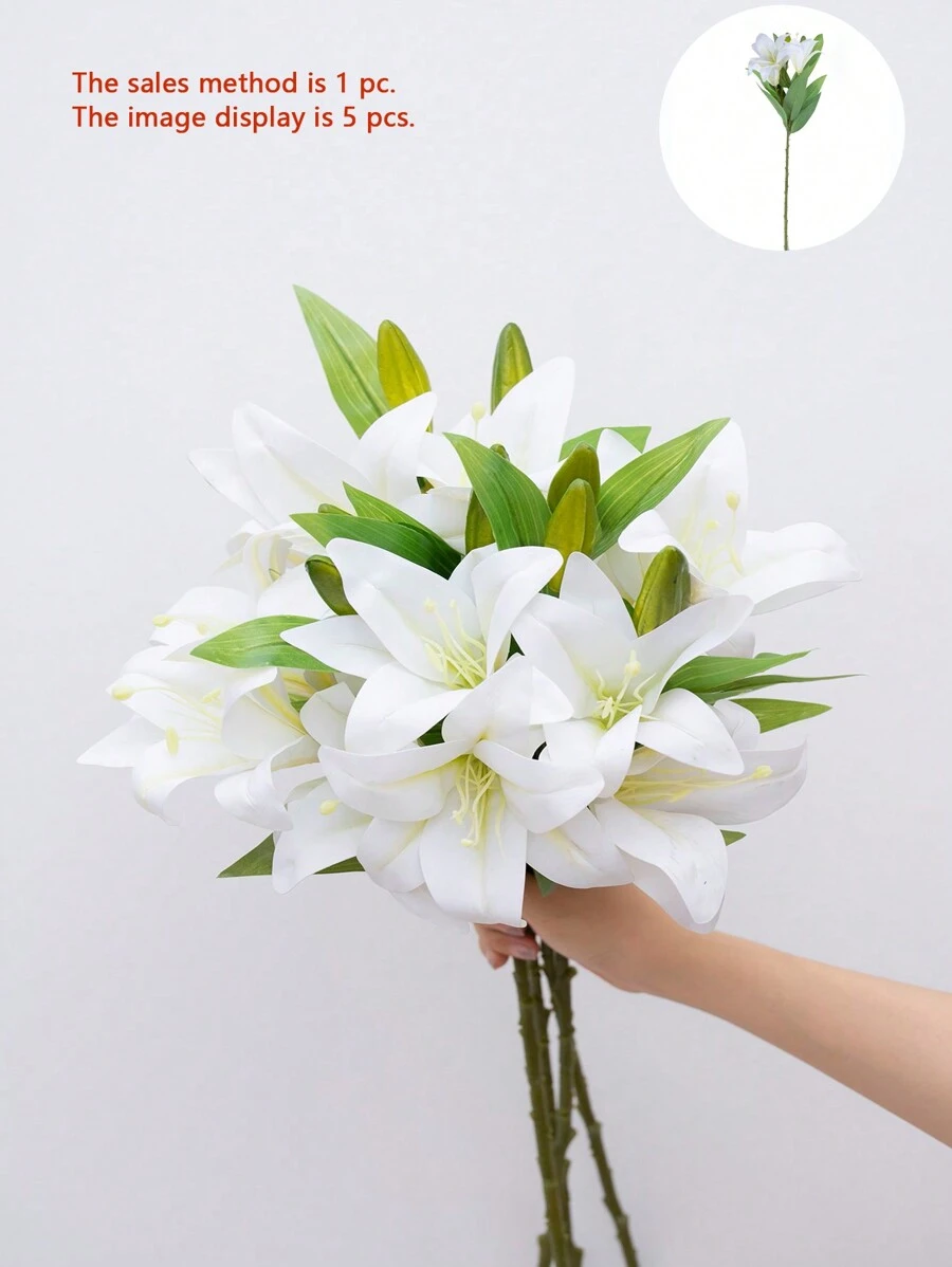 1pc Plastic Simulated Flowers 3 Blooms 2 Fruits Lily, Simple Lily Flower Suitable For Flower Arrangement, Floral Decor, Indoor Vase, Garden, Window Sill, Wedding, Party, Graduation, Thanksgiving, Father's Day, 23.22 Inches - White - View 1