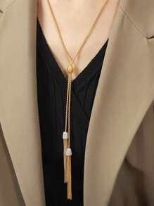 1PC18KGoldplatedStainless Steel Pendant Sweater Chain With Rhinestone Tassels