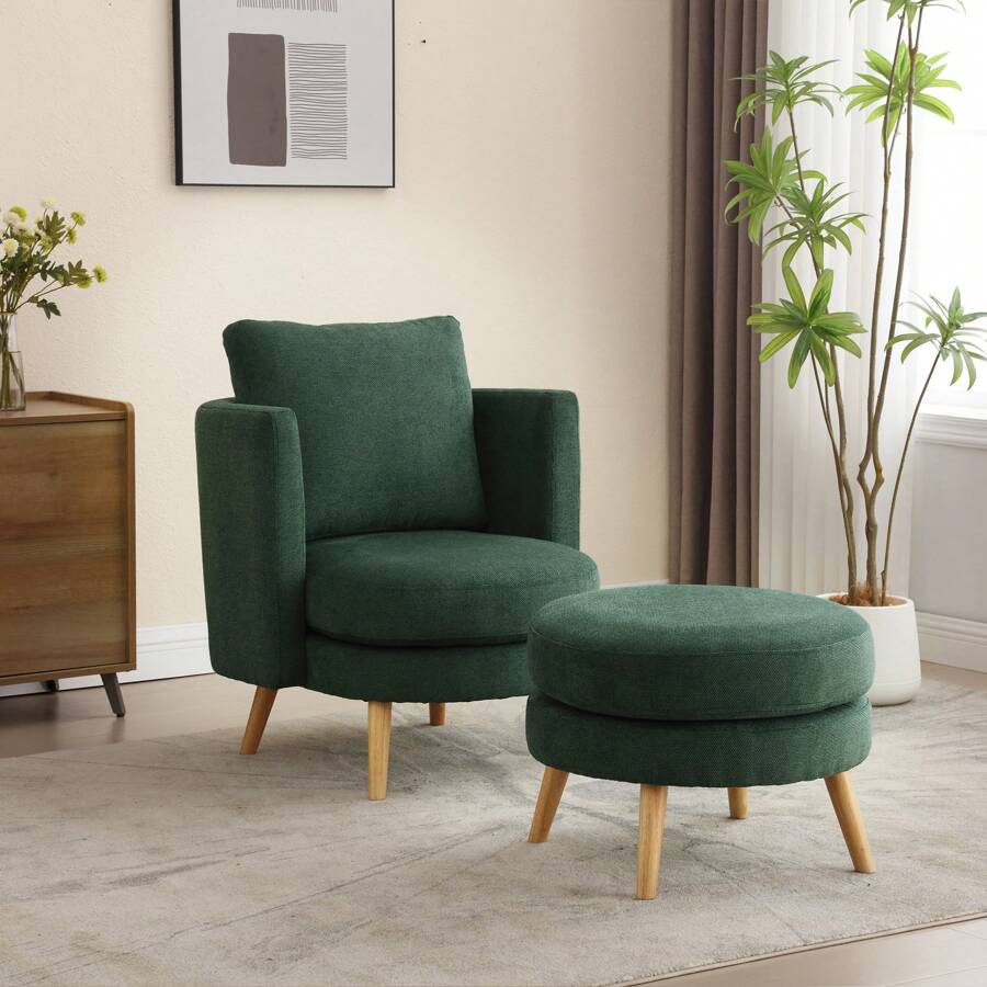 WellMall Modern Accent Chair With Ottoman, Reading Barrel Chair With Footrest, 30.7" Wide Round Upholstered Comfy Armchair With Throw Pillow,Upholstered Single Sofa With Wooden Leg For Living Room,Bedroom,Office - 綠色 - 查看 1