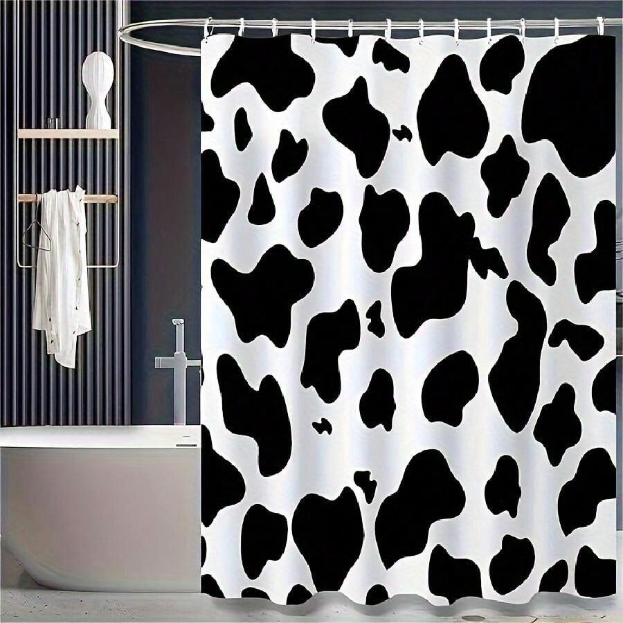 Cortina de Chuveiro Estampa de Vaca (71" X 71"), Cortina de Chuveiro Estampa de Vaca Preta, Conjunto de Cortina de Chuveiro em Tecido de Poliéster Estampado com Ganchos para Banheiro, Decoração de Banheiro - Preto e Branco - Visão 1