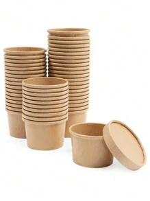 JUVALE 8盎司帶蓋帶走湯裝容器，一次性紙碗（50片裝）婚禮派對禮物袋 - 棕色 - 查看 2