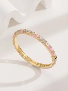 1pc Powder & Grey Color Enamel Coating With Gold Plated Hollow Out Blue-And-White Porcelain Pattern Bangle For Women - Pink - View 2