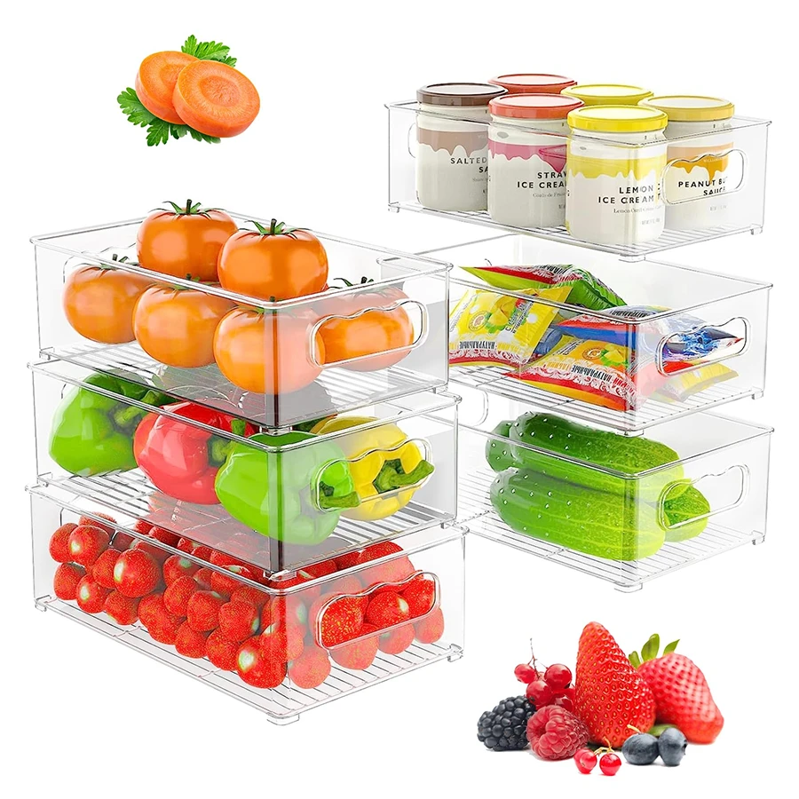 Organizadores de Refrigerador, 6 Pack Organizador de Nevera de plástico Transparente, contenedores de plástico transparente para refrigerador apilables, para nevera, armarios, encimeras y despensa - Blanco - Ver 1