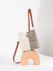 小号拼色水桶包，圆扣装饰斜挎包，女士人造皮革钱包（8.07 X 8.07 X 3.94）英寸，母亲节礼物送给妈妈 - 彩色 - 查看 4