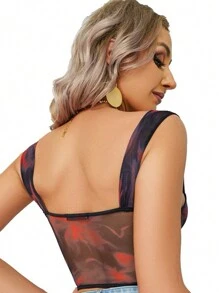 1件網眼花卉印花鋼骨魚骨短款背心,寬帶背心 - 黑色 - 查看 4