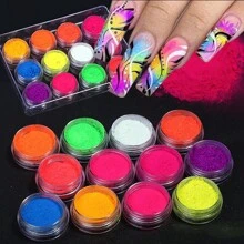 Dofuny 12pcs Matte Glow-In-The-Dark Nail Polish Powder, Neon Glitter Acrylic Nail Art Pigment, Eyeshadow Makeup Cosmetic Glitter Powder - Apricot - View 7