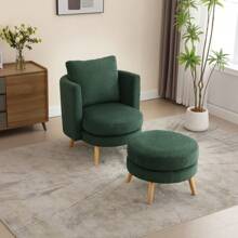 WellMall Modern Accent Chair With Ottoman, Reading Barrel Chair With Footrest, 30.7" Wide Round Upholstered Comfy Armchair With Throw Pillow,Upholstered Single Sofa With Wooden Leg For Living Room,Bedroom,Office - 綠色 - 查看 7