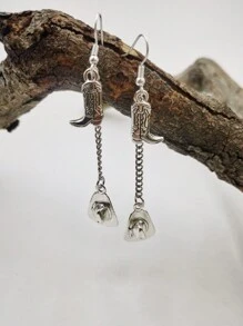 1pair Dallas   Cowboy Hat &Boots  Dangle Earring For Women,Retro Style - Antique Silver - View 9