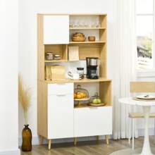 HOMCOM Dispensa da Cucina in Truciolato e Legno di Pino con Armadietti, Cassetti, Ripiani Regolabili e Appendino, 93x40x180 cm, Bianco e Color Legno - Multicolore - Visualizzare 8