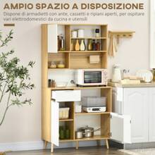 HOMCOM Dispensa da Cucina in Truciolato e Legno di Pino con Armadietti, Cassetti, Ripiani Regolabili e Appendino, 93x40x180 cm, Bianco e Color Legno - Multicolore - Visualizzare 7