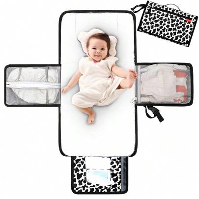 Lekebaby Nappy Changing Mat Portable Changing Mat Baby Travel Change Mat With Wipe-Pocket And Head Cushion, Cow Stria