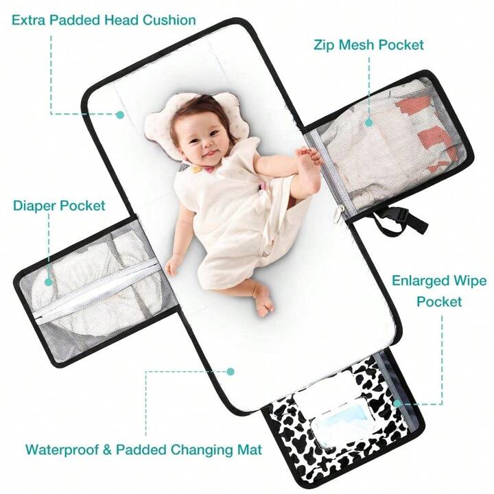 Lekebaby Nappy Changing Mat Portable Changing Mat Baby Travel Change Mat With Wipe Pocket And Head Cushion Cow Stria SHEIN UK