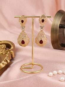 1 par de pendientes de estilo vintage de Oriente Medio con colgante de gota de agua hueco, metal incrustado con rhinestones, adecuado para uso diario, bodas, fiestas, festivales, regalo