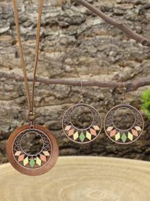 TopHanqi 3pcs Bohemian Style Antique Copper Tone Round Hollow Out Alloy Multicolored Rhombus Shaped Dripping Oil Pattern Layered Pendant Necklace & Earrings Set, Perfect For Ladies' Daily Life, Work, Travel, Street Snap, Theme Dress Up, Performance, Party All Seasons Wear, Fashionable Minimalist Design Exuding Personal Charm & Elegance - Multicolor - View 7